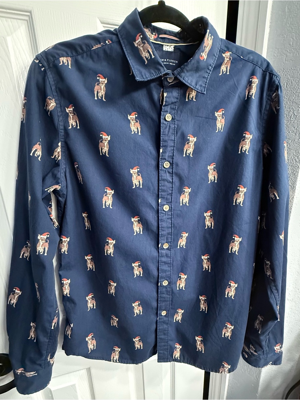 Denim & Flower Navy,  Button down Santa Hat Dog,
